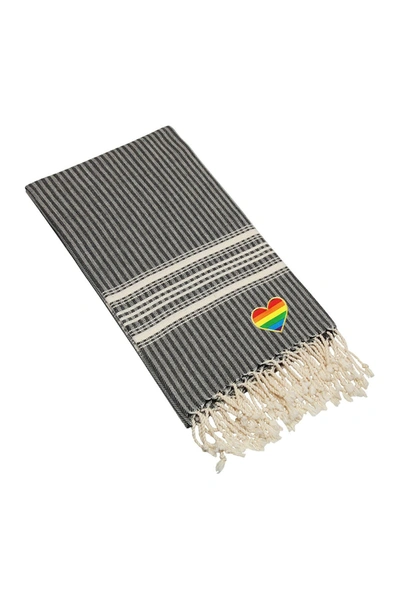 Shop Linum Home 100% Turkish Cotton Luxe Herringbone Cheerful Rainbow Heart Pestemal Beach Towel In Black