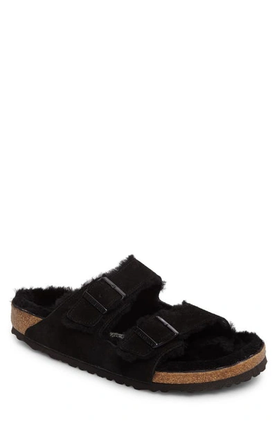 Shop Birkenstock Arizona Slide Sandal With Genuine Shearling In Black