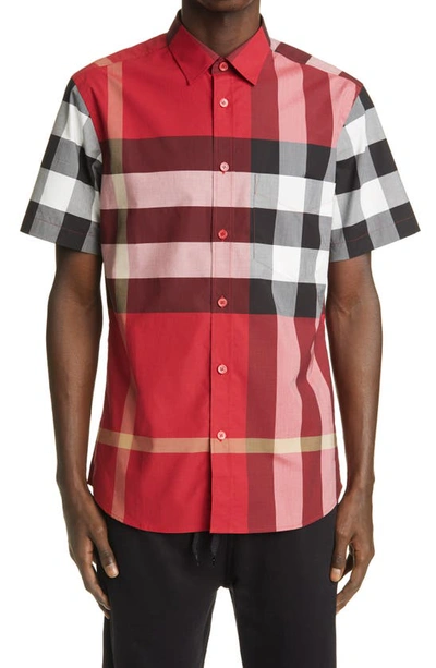 Shop Burberry Somerton Check Stretch Cotton Shirt In Parade Red Check