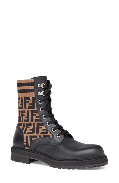 Shop Fendi Stivaletto Vitello Maglia Ff Motif Lace-up Sock Boot In Black