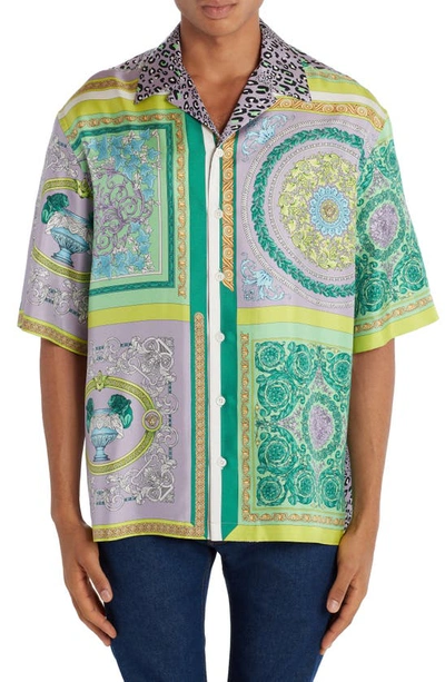 Shop Versace Barocco Mosaic Silk Short Sleeve Button-up Shirt In Multi Color