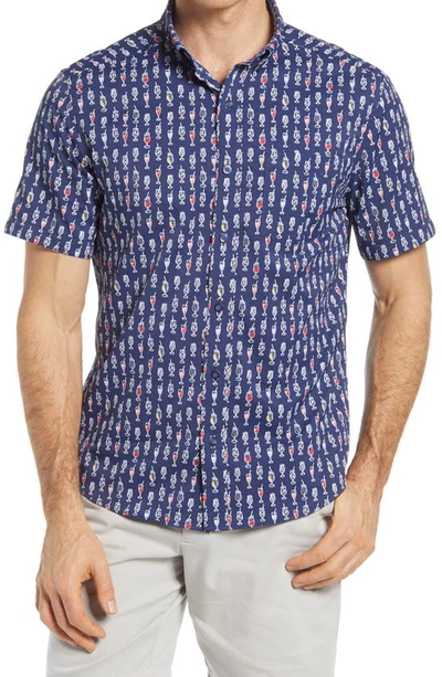 Shop Johnston & Murphy Xc4 Drink Print Stretch Short Sleeve Button-down Shirt In Navy