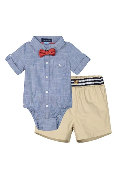 Shop Andy & Evan Bodysuit, Shorts & Bow Tie Set In Chambray