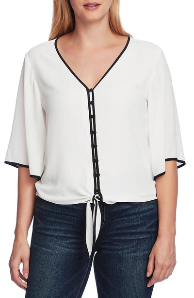 Shop Vince Camuto Contrast Trim Tie Front Blouse In New Ivory