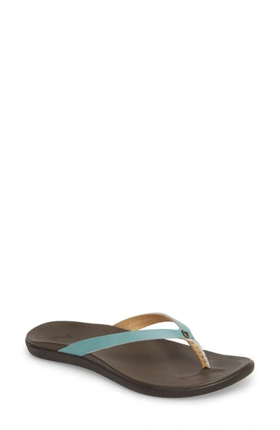 Shop Olukai 'ho Opio' Leather Flip Flop In Mineral Blue/ Dark Java