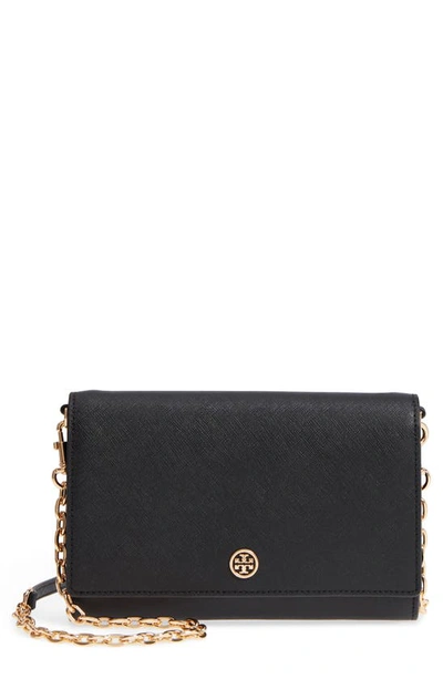 Shop Tory Burch Robinson Leather Wallet On A Chain In Black / Royal Navy