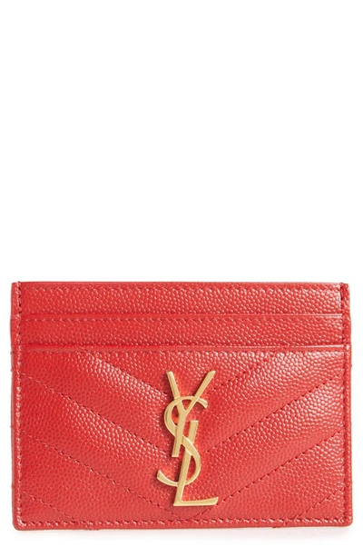 Shop Saint Laurent Monogram Quilted Leather Credit Card Case In Rouge Eros
