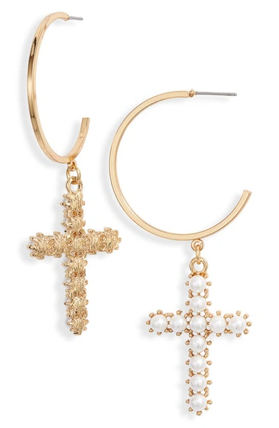 Shop Ettika Imitation Pearl Cross & Hoop Earrings In Gold