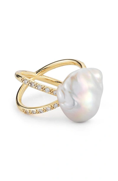 Shop Mizuki Pearl & Diamond Crossover Ring In Yellow Gold/ White Pearl