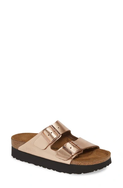 Shop Birkenstock Arizona Platform Sandal In Metallic Copper Leather