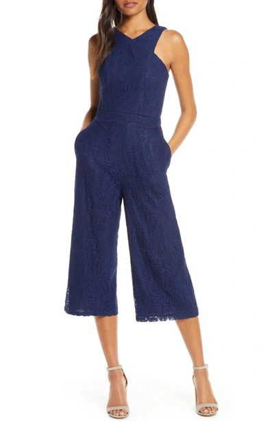 Shop Adelyn Rae Carissa Lace Crop Jumpsuit In Navy