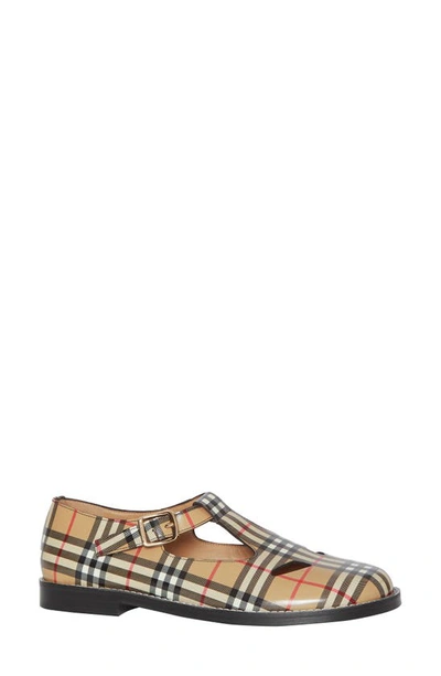 Shop Burberry Hannie Vintage Check T-strap Mary Jane Flat In Archive Beige