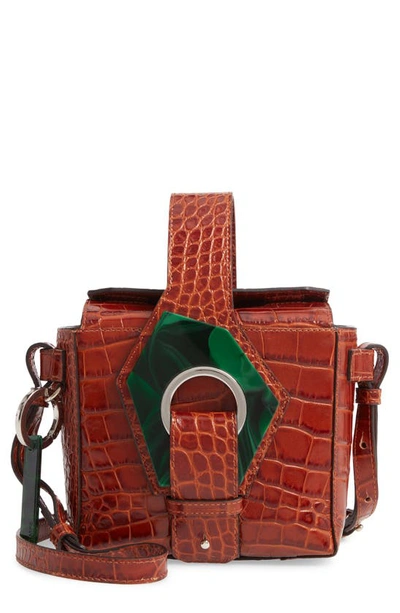 Shop Ganni Croc Embossed Leather Box Bag In Cognac