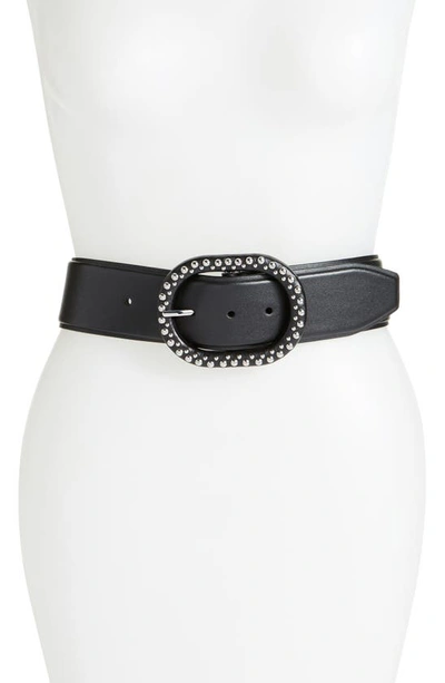 Shop Rebecca Minkoff Studded Buckle Leather Belt In Black/ Pol Nickel