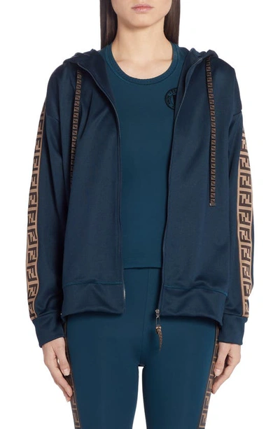 Shop Fendi Ff Logo Hooded Jersey Jacket In F19ej Navy