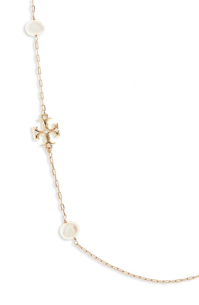 Shop Tory Burch Kira Genuine Pearl Station Necklace In Tory Gold / Ivory