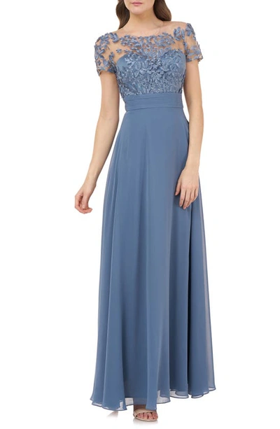 Shop Js Collections Embroidered A-line Gown In Mineral Blue