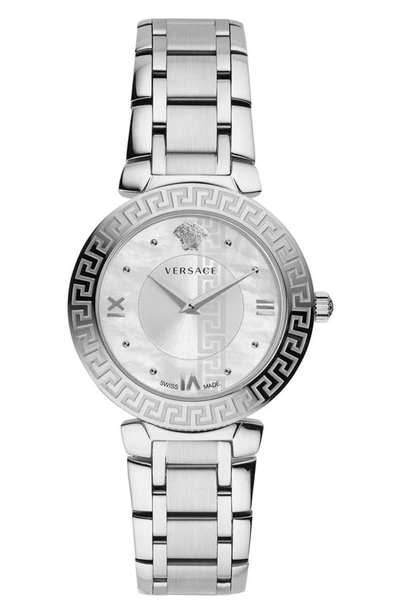 Shop Versace Daphnis Bracelet Watch, 35mm In Silver/ White Mop/ Silver