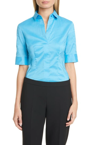 Shop Hugo Boss 'bashini' Elbow Sleeve Stretch Poplin Shirt In Pool