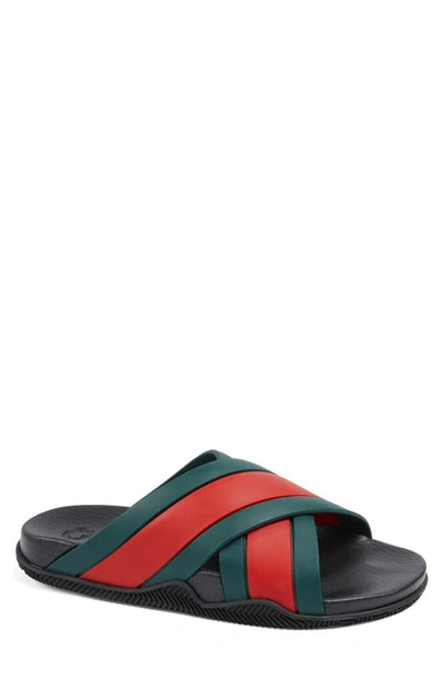Shop Gucci Agrado Web Stripe Slide Sandal In Green/ Red/ Green