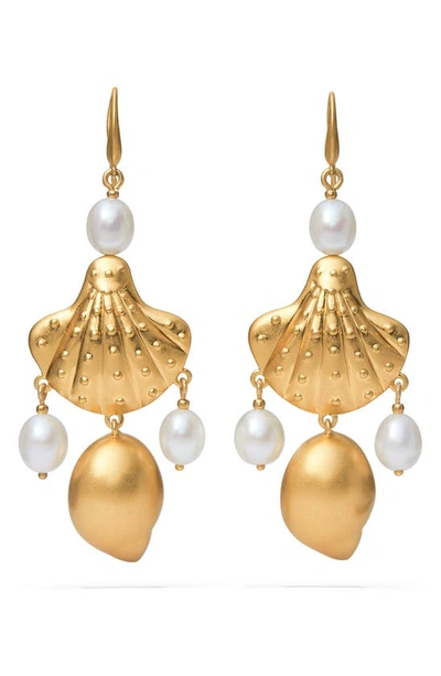 Shop Tory Burch Shell & Freshwater Pearl Drop Earrings In Rolled Brass 59/pearl