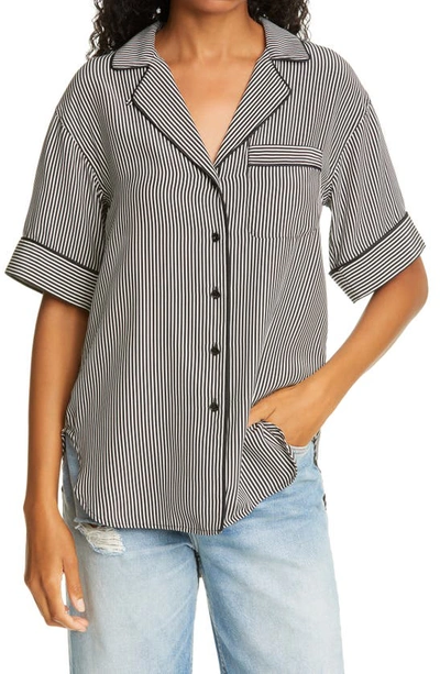 Shop Rag & Bone Luca Stripe Short Sleeve Silk Charmeuse Pj Top In White Black Stripe