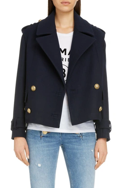 Shop Balmain Crop Double Breasted Wool & Cashmere Peacoat In Marine