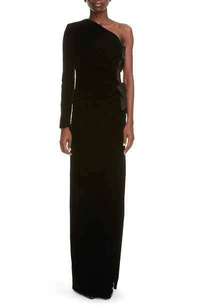 Shop Saint Laurent Bow Detail One-shoulder Velvet Gown In Noir