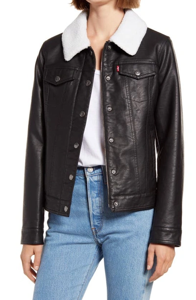 Levi's Trendy Plus Size Faux Leather Sherpa Lined Trucker Jacket In Black  Cream | ModeSens
