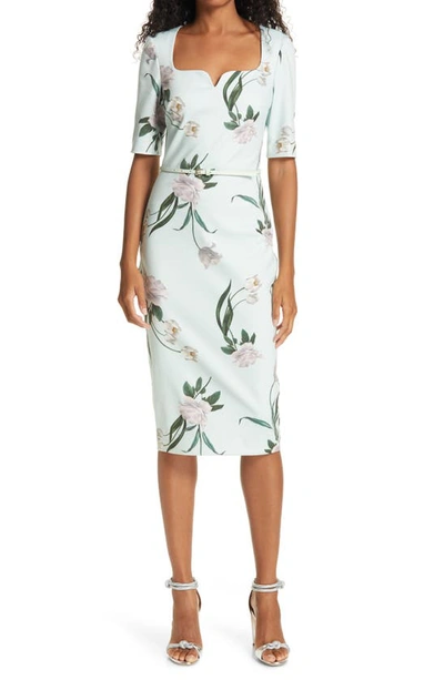 Shop Ted Baker Magieyy Floral Notched Neck Body-con Dress In Mint