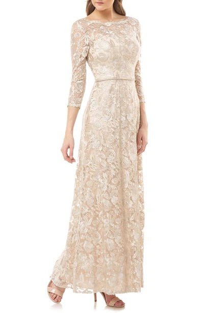 Shop Js Collections Embroidered Lace A-line Gown In Champagne