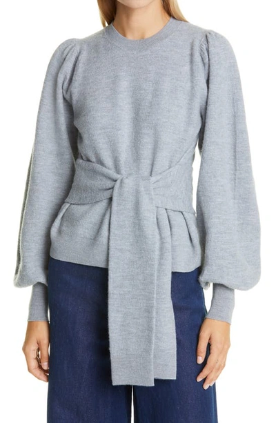Shop Ulla Johnson Rubi Blouson Sleeve Belted Merino Wool Sweater In Light Heather Grey