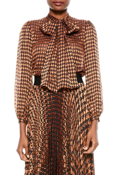 Shop Alice And Olivia Lolita Tie Neck Puff Sleeve Blouse In Harvest Houndstooth Md