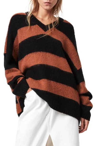 Shop Allsaints Lou Stripe V-neck Sweater In Conker Brown/ Black