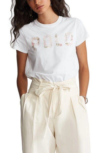 Shop Polo Ralph Lauren Sequined Logo Cotton T-shirt In White