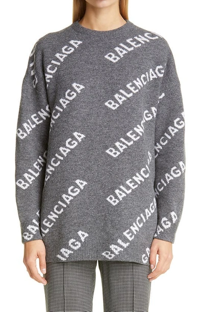 Shop Balenciaga Oversize Logo Jacquard Wool Blend Sweater In Dark Grey/ White