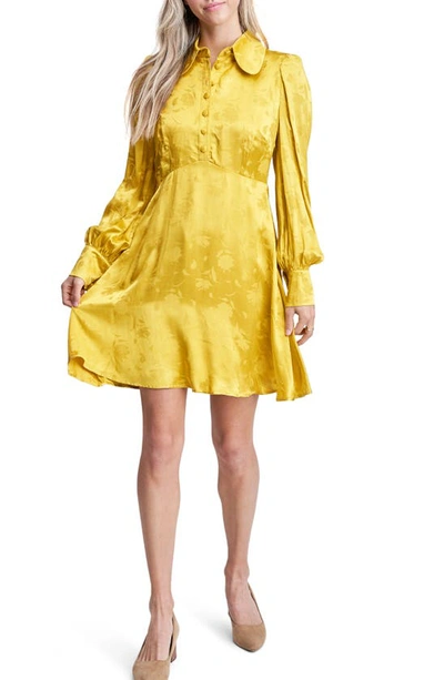 Shop En Saison Satin Jacquard Long Sleeve Minidress In Yellow