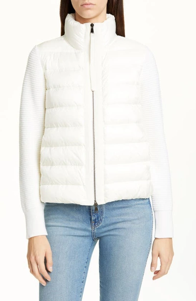 Shop Moncler Quilted Down & Wool Short Cardigan In Natural
