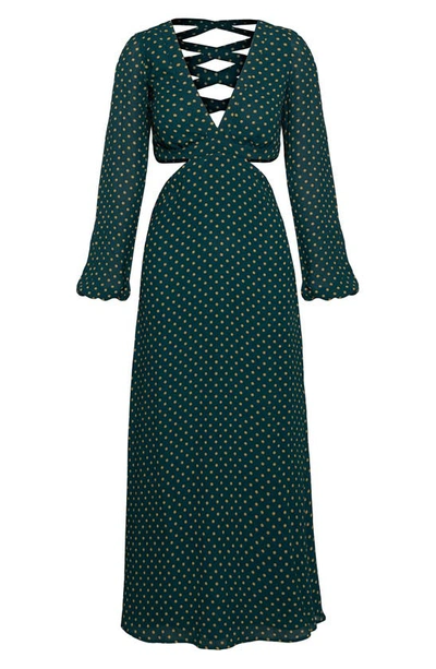 Shop Afrm Lowell Long Sleeve Floral Print Dress In Forest Green Polka Dot