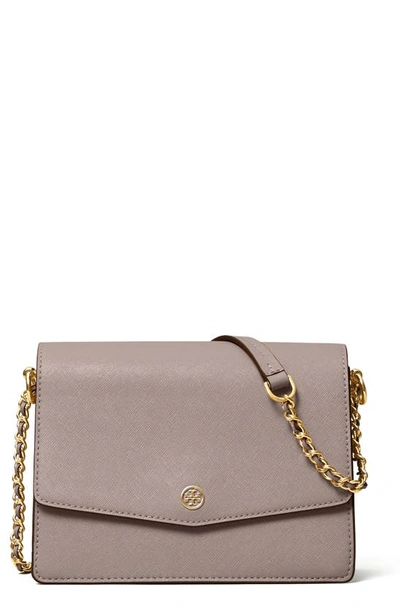 Shop Tory Burch Robinson Convertible Leather Shoulder Bag In Gray Heron