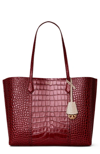 Shop Tory Burch Perry Croc Embossed Leather Tote In Claret