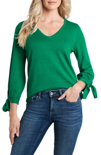 Shop Cece Tie Sleeve Cotton Blend Sweater In Vibrant Kelly