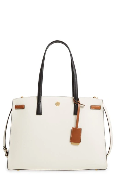 Shop Tory Burch Walker Colorblock Leather Satchel In New Ivory/ Perfect Sand
