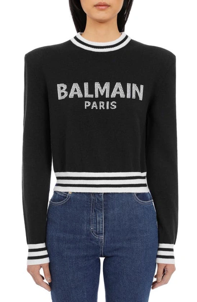 Shop Balmain Intarsia Logo Wool & Cashmere Blend Crop Sweater In Noir/ Blanc