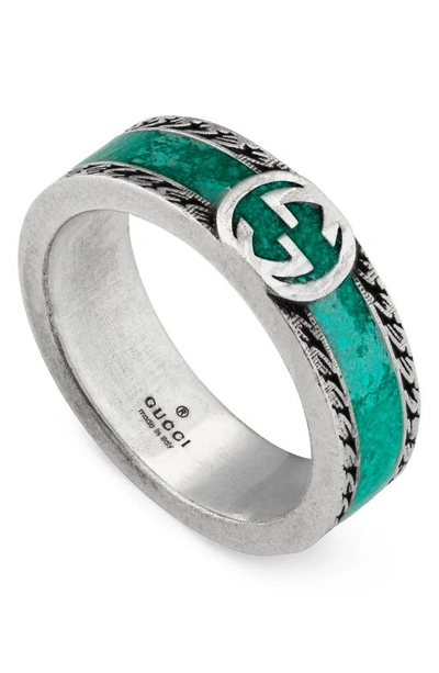 Shop Gucci Interlocking-g Band Ring In Silver/ Turquoise