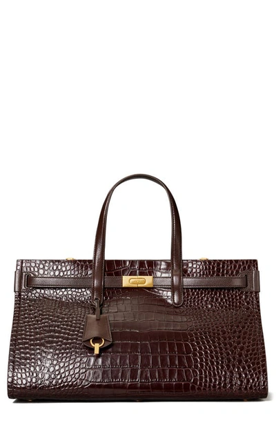Tory Burch Lee Radziwill Large Embossed Leather Travel Tote In Pumpernickel  | ModeSens