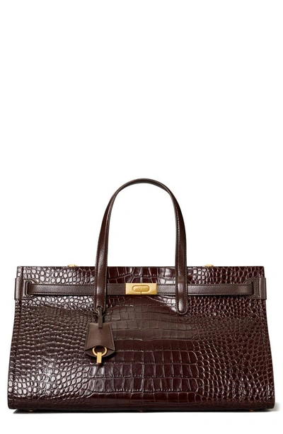 Tory Burch Lee Radziwill Large Embossed Leather Travel Tote In Pumpernickel