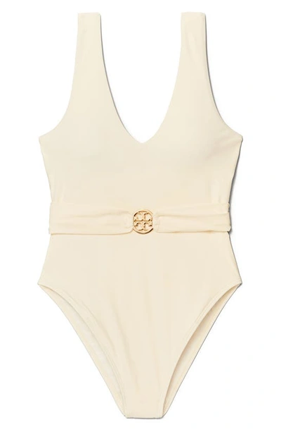 Shop Tory Burch Miller Plunge One-piece Swimsuit In New Ivory