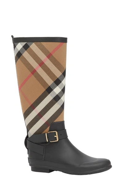 Shop Burberry Simeon Check Waterproof Rain Boot In Black/ Archive Beige