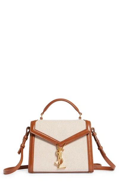 Shop Saint Laurent Mini Cassandra Linen Top Handle Bag In Natural/ Beige/ Brick